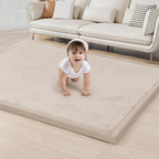 ACOMOPACK Baby Play Mat for Floor 1.3" Thick Memory Foam Play Mat 71"×79" Tummy Time Crawling with Non-Slip Bottom for Living Room,Nursery,Soft Velvet Playpen Mats for Kids,Infants（Beige）