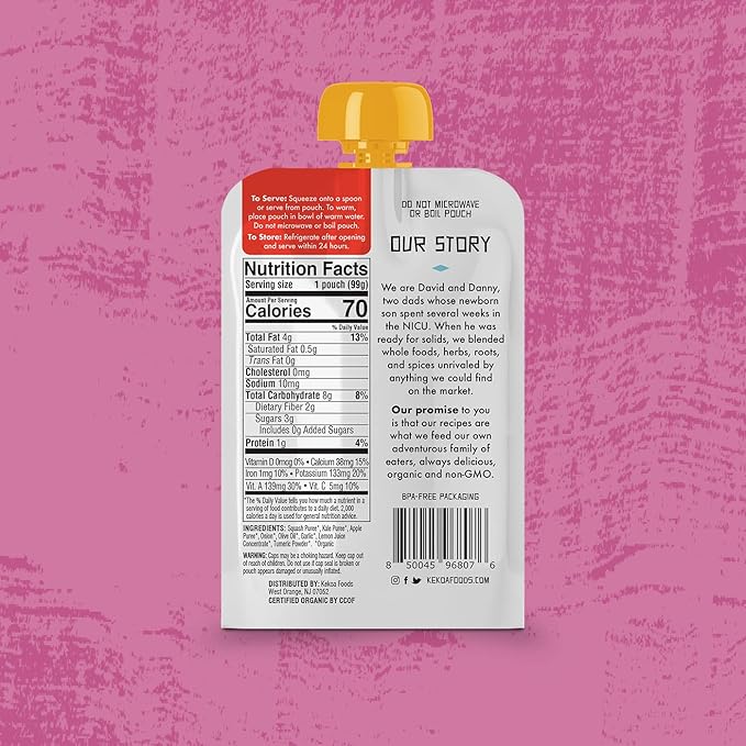 Kekoa Foods 100% USDA Certified-Organic Vegetarian Baby Food Puree Starter Packs: Gluten-Free, Vegan 3.5 oz Squeeze Pouches (12 Pack) | Apple Ginger, Squash & Kale w/Turmeric | High Fiber & Vitamins
