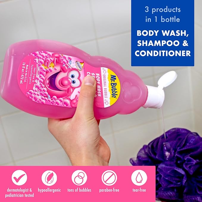 Mr. Bubble Kids Original 3in1 Shampoo, Conditioner, Body Wash – Hypoallergenic, Tear Free Bubble Gum Scented, Creates Big Bubbles In The Tub And Shower (Pack Of 2 Bottles, 16 fl oz Each)