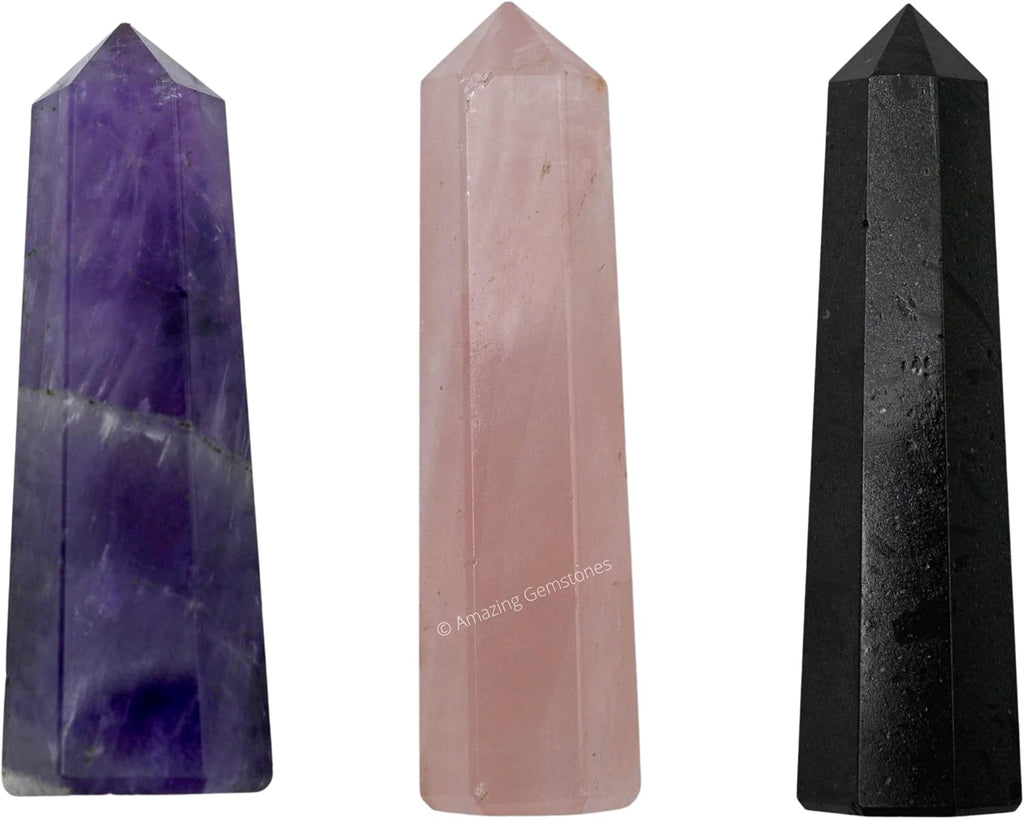 Amazing Gemstone Set of 3 Amethyst, Rose Quartz, Black Tourmaline Crystal Towers - Natural Healing Crystal Point Obelisk for Reiki Healing and Crystal Grid (2 Inch to 3 Inch)