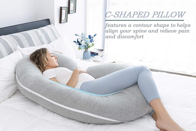 INSEN Pregnancy Pillow for Sleeping, Maternity Pillow with Jersey Cotton Cover,C Shaped Body Pillow for Pregnant Women(Grey Jersey)