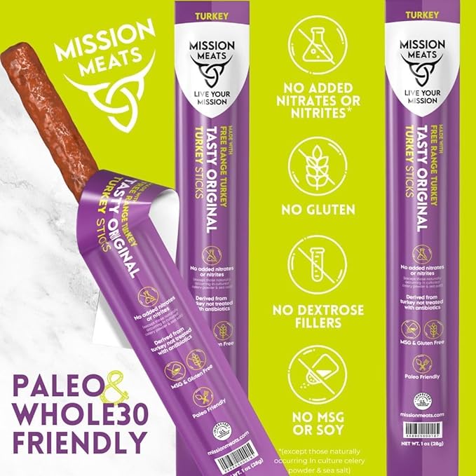 Mission Meats Turkey Sticks, 100% Free Range Turkey Jerky, Zero Sugar, Delicious Healthy Snacks, 9g Protein, Individually Wrapped, Gluten Free, Original 1oz (24ct)