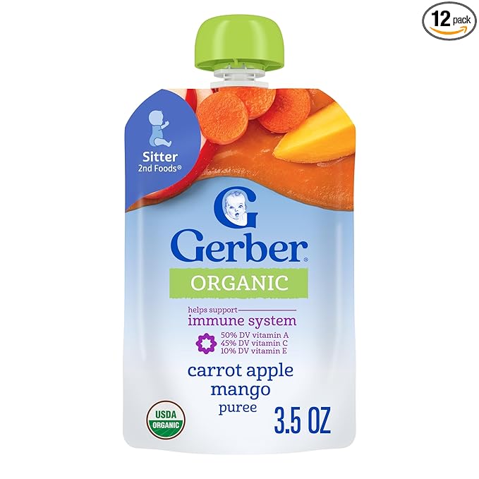 Gerber Stage 2 Baby Food, Organic Carrot Apple Mango, Baby Food Pouches, Puree, 12PK