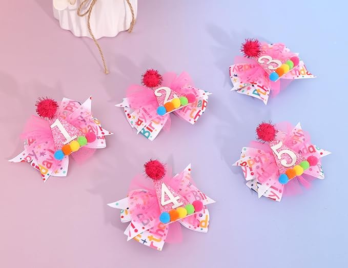 Hot Pink 1st Birthday Hair Bow - Happy Birthday ribbon Bows, Pink Birthday Hat Bows, 1st Birthday Hair Clips for Girls, First Birthday Girls Hair Accessories