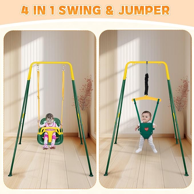 4-in-1 Toddler Swing Set & Baby Jumper and Bouncer for Toddlers, Foldable Baby Swing Stand for Outdoor Indoor Play, Easy to Assemble and Store for Ages 6 Months to 10 Years Old (Dark Green)