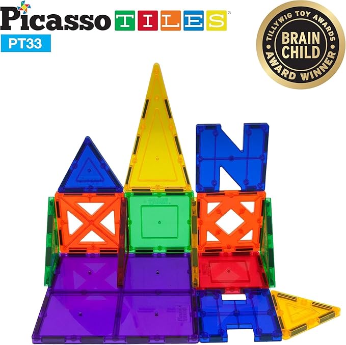 PicassoTiles Educational Set Magnetic Building Tiles with Unique Shapes & Clear Box Tile 3D Magnet Construction Block Different Shapes Connects with Other Figure for Boys & Girls Ages 3+