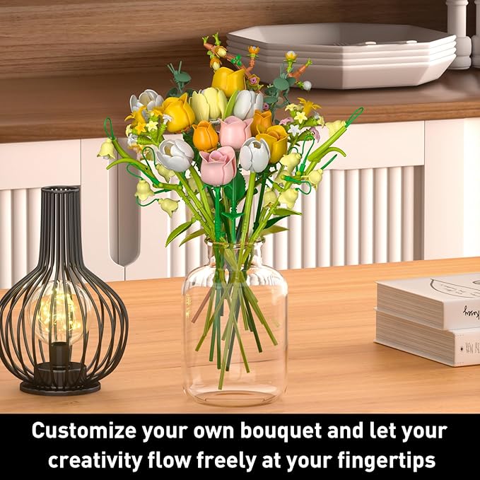 Pink Roses Bouquet Building Set for Adults - Artificial Flowers Botanical Collection for Home Decor & Table Centerpieces - Creative Gift for Women, Plant & Flower Lovers