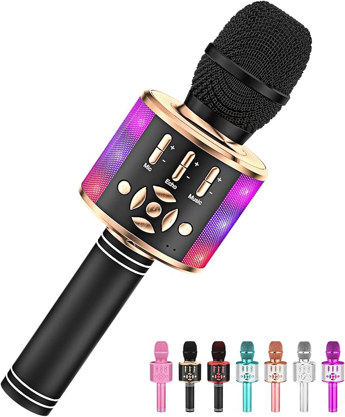 Amazmic Kids Karaoke Microphone Machine Toy Bluetooth Microphone Portable Wireless Karaoke Machine Handheld with LED Lights, Gift for Children Adults Birthday Party, Home KTV(Black Gold)