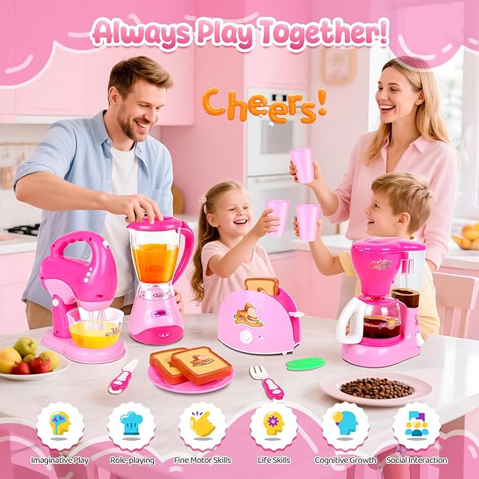 Coherny Play Kitchen Sets for Kids Ages 4-8, Kids Kitchen Playset with Realistic Coffee Maker Machine, Toaster, Mixer and Blender, Pretend Play Toys with Light & Sound for Toddles Girls Boys Gifts