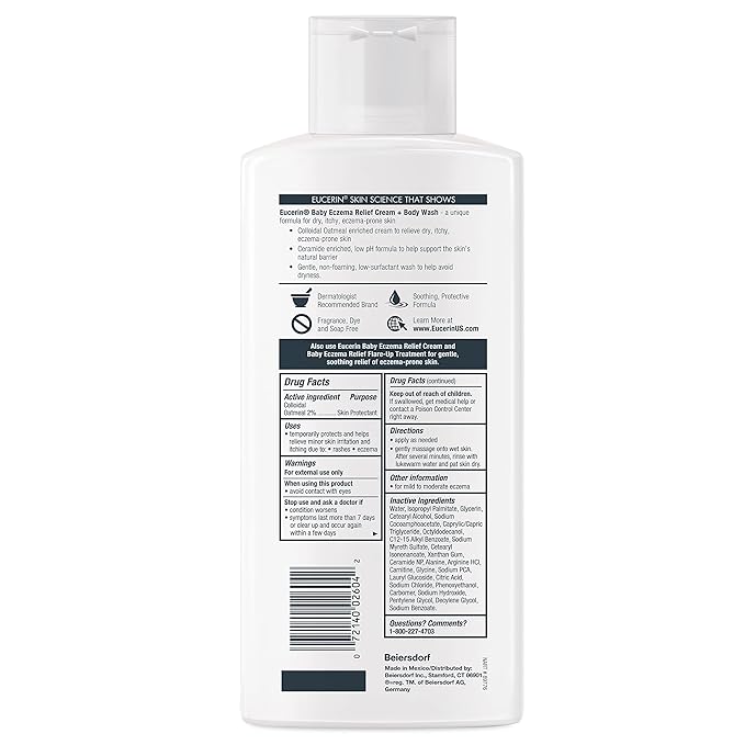 Eucerin Baby Eczema Relief Cream and Body Wash (13.5 Fl Oz) + Baby Eczema Cream (8 Oz), Fragrance Free Skin Care Set with Colloidal Oatmeal (Skin Protectant)