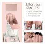 KÜB 3-in-1 Foldable Baby High Chair, 7 Height & 4 Recline Adjustable Seat & Tray for Easy Clean, 2 Locking Wheels, Multifunctional Infant High Chairs for Babies and Toddlers (Pink, with Toys)