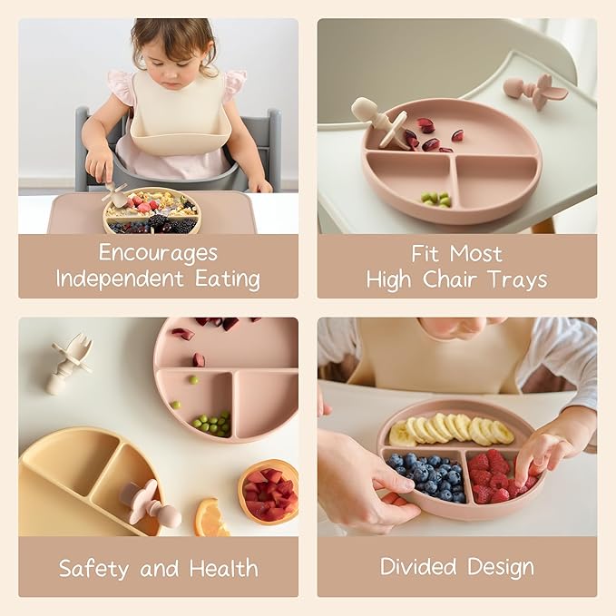 Moonkie Suction Plates for Baby | 100% Silicone BPA-Free Baby Plates with Lids and Food Cover | Divided Design | Microwave and Dishwasher Safe | Toddler Plates 2 Pack