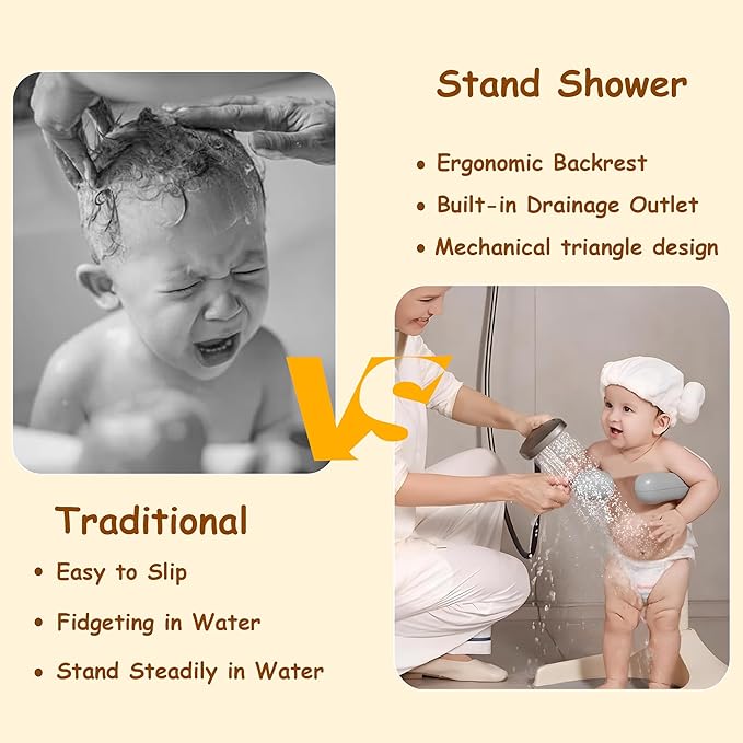 Baby Shower Stand, Ergonomic Baby Standing Bath Support with Anti-Slip Base, Adjustable Toddler Shower Stand with Backrest Foldable Bath Tower Shower for Toddlers