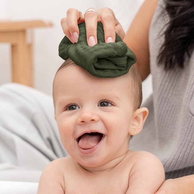 Comfy Cubs Muslin Baby Washcloths 10 Pack - Soft 6-Layer Cotton Wash Cloths for Sensitive Skin - 10"x10" Large, Gentle, Absorbent Infant Essentials for Newborn and Toddlers - Kelp