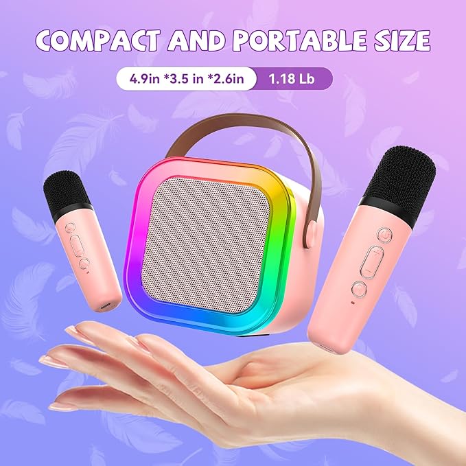 Mini Karaoke Machine for Kids Girls Boys - Birthday Gifts for Ages 4 5 6 7 8+ Year Old - 2025 New est - Portable Bluetooth Speaker with 2 Wireless Microphone - Kids' Instrument Accessories - Pink