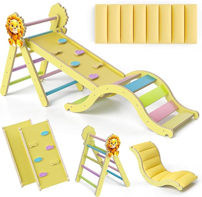 Pikler Triangle Set with Cushion, 7-in-1 Indoor Climbing Toys for Kids, Wooden Montessori Climbing Set for Toddlers Montessori Toys