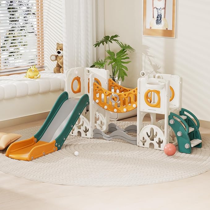 KORIMEFA 10 in 1 Toddler Slide Set, Kids Slide for Toddlers, Outdoor Indoor Playground for Toddlers 1-3, Toddler PlaySet with Basketball Hoop and Ball Golf Set, Climbing Arch(Yellow & Green)