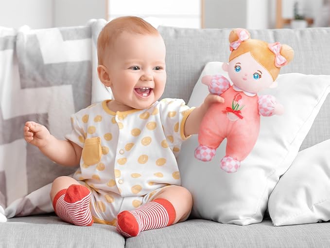 OUOZZZ Soft Baby Doll for 1+ Year Old Girl Gifts - Toys for 1+ Year Old Birthday Christmas Plush Gift for Toddler Adorable First Doll Tulip Pink 10"