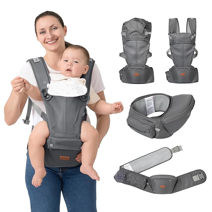 BabbleRoo Grow Carrier – Safety-Certified 6-in-1 Baby Carrier with Hip Seat, Ergonomic & Adjustable Toddler Carrier 7-50 lbs with Hip Support, Hood for Sun Protection, Newborn to Toddler, Gray