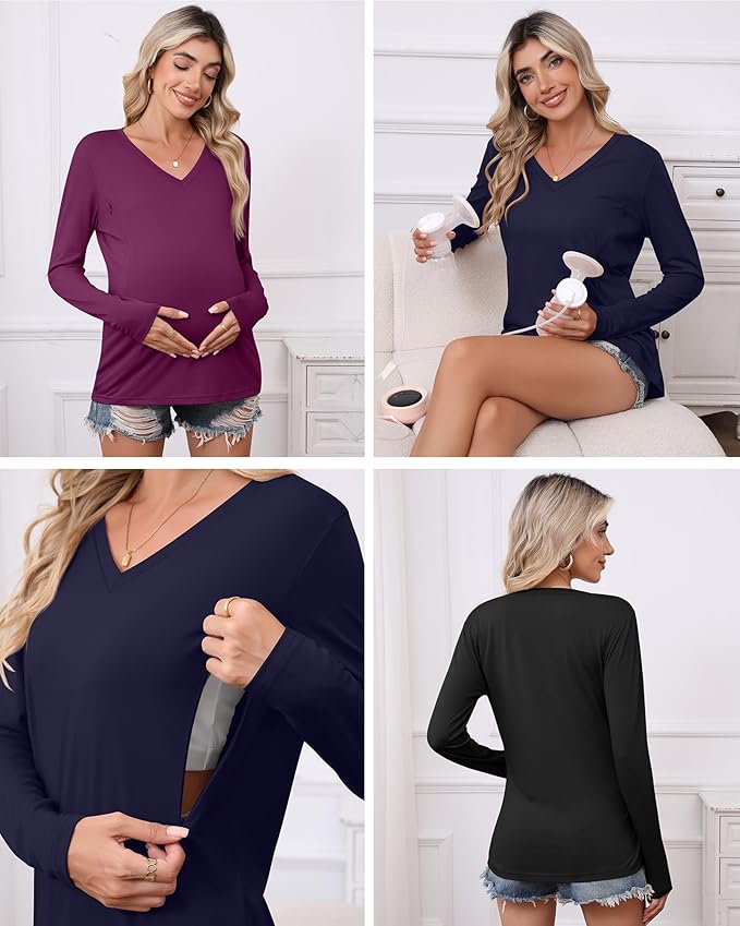 Huukeay 3 Pack Women's Long Sleeve Nursing Tops, Breastfeeding Hidden Zippers Shirts V Neck Maternity Pregnancy Tees Clothes