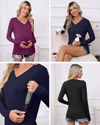 Huukeay 3 Pack Women's Long Sleeve Nursing Tops, Breastfeeding Hidden Zippers Shirts V Neck Maternity Pregnancy Tees Clothes