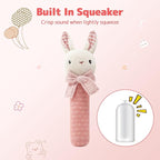 Organic Cotton Stuffed Animal Rattle Baby Toys, Hand Grip Rattle Squeaker Sticks Toys, Bunny Cuddle Cloth and Ring Rattle Plush Toy Set for Newborns Infant Boys Girls, 2 PCS