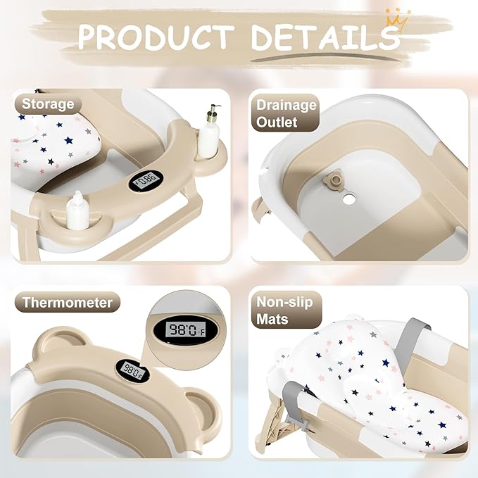 TPN Collapsible Baby Bathtub, Baby Bath Tub with Soft Cushion & Real-Time Thermometer, Baby Bathtub Infant to Toddler Tub (0-36 Months), Portable Travel Baby Tubs for Newborns (Beige)