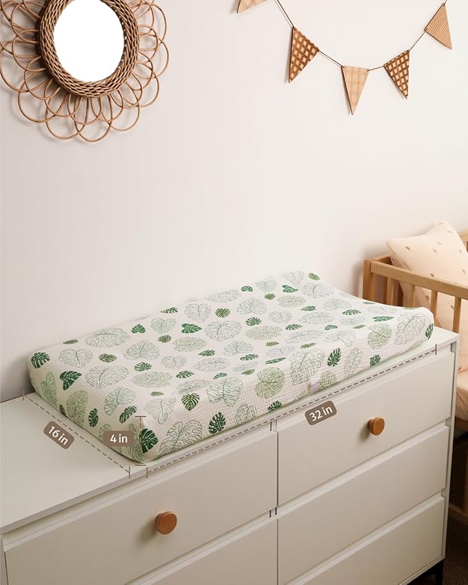 Blissful Diary Muslin Changing Pad Cover for Girls Boys, Ultra Soft Breathable Cotton, Baby Diaper Change Table Pad Covers, 2Pack (Monstera Leaves&Dark Green)