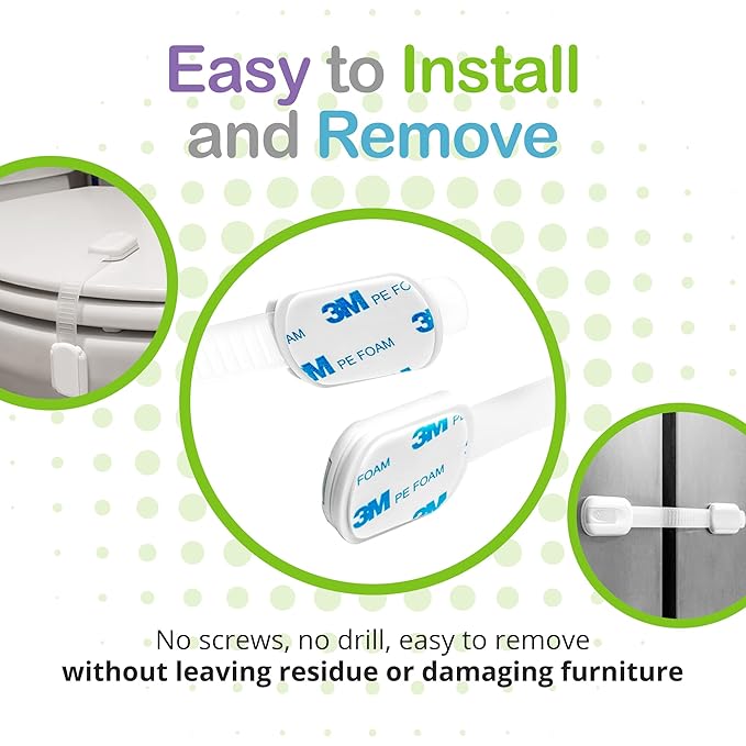 Adjustable & Reusable Child Safety Cabinet Locks & Latches, Baby Proofing Door Window, Cabinet, Toilet, & Refrigerator Lock, Child Safety Strap Locks with Adhesive Pads, Pack of 6, White - Wonderkid