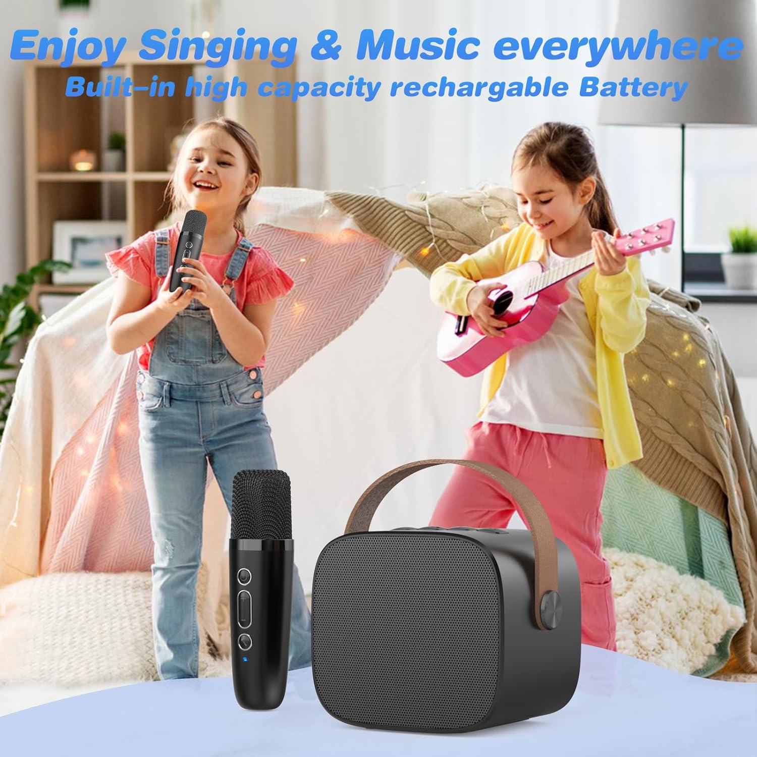 Mini Karaoke Machine,Funny Toys Christmas Birthday Gifts for Kids Age 4-12 Girls,Boys,Adults, Karaoke Microphone Toys for 4,5,6,7,8,9,10,11,12+ Year Old Girls Boys (Black 2 mics)