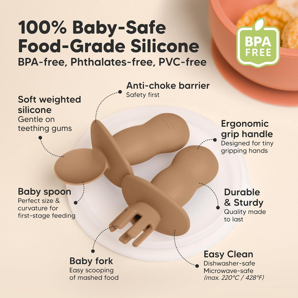 KeaBabies 4-Pack Silicone Baby Spoons and Forks Set - Baby Led Weaning Utensils 6-12 Months, Self Feeding Toddler Spoon & Fork for Training, Teething, Easy to Hold, BPA-Free Silicone (Desert)