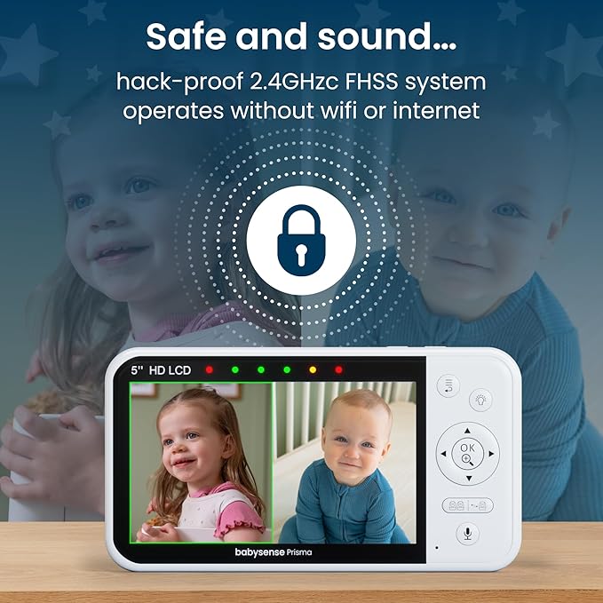 Babysense Prisma Baby Monitor with Camera and Audio, 5” HD Video Baby Monitor with 2 Cameras, 6-Color Night Light, Split Screen, Sound Machine with White Noise & Lullabies, Secure No WiFi