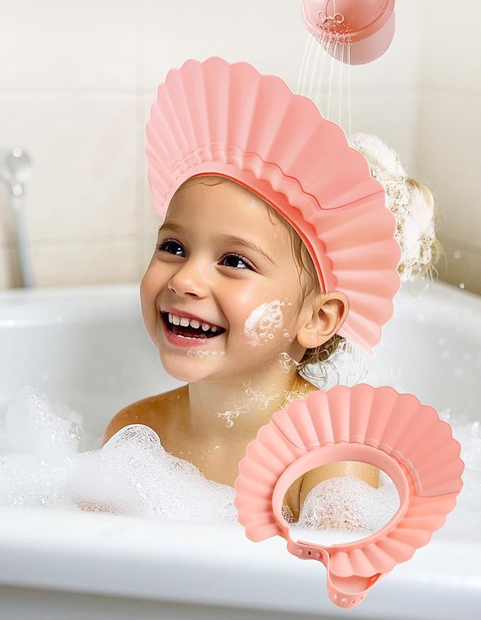 Kids Shower Cap, Baby Hair Washing Shield, Bath Visor for Toddlers, Bathing Head Face Eye Ear Protector, Air Cushioned Shampoo Caps with 20-Size Adjustment for 6Month+ to Adult (Pink)