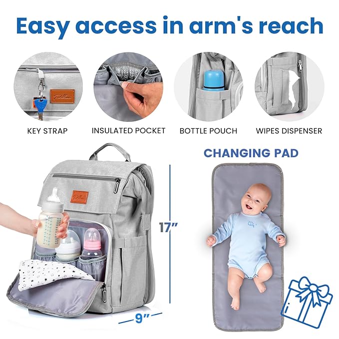 PILLANI Baby Diaper Bag Backpack - Large Bag for Boys & Girls, Waterproof Diaper Backpack - Travel Diaper Bags w/Changing Pad, Baby Registry Search & Shower Gifts - Essentials Must Haves Newborn Stuff