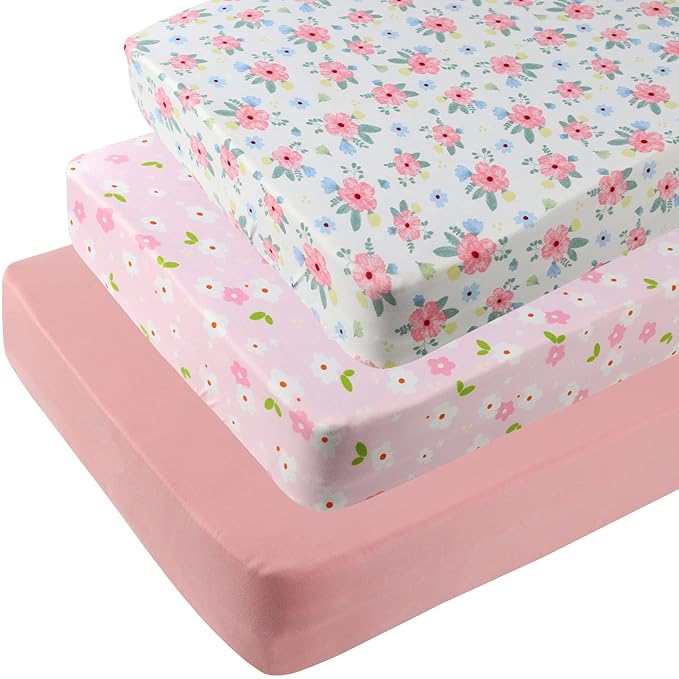 Onacosht Pack n Play Sheets 3 Pack Fitted for Baby Girl, Stretchy Jersey Knitted Portable Mini Crib Sheets Playard Mattress Cover, Pink Floral