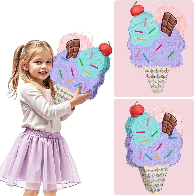 WERNNSAI Ice Cream Piñata - Summer Ice Cream Party Decorations for Kids Girls Birthday Pink Pinata Game Candyland Sweet Theme Party favors supplies with Bat Blindfold