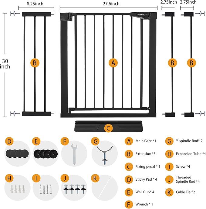 Mumeasy Baby Gate for Stairs - 29.6-46" Auto Close Dog Gate for Doorways, Extra Wide Child Gate Indoor, Walking Through Safety Gate for Kid, Pet Gates No Drilling Black, Mom's Choice Awards Winner