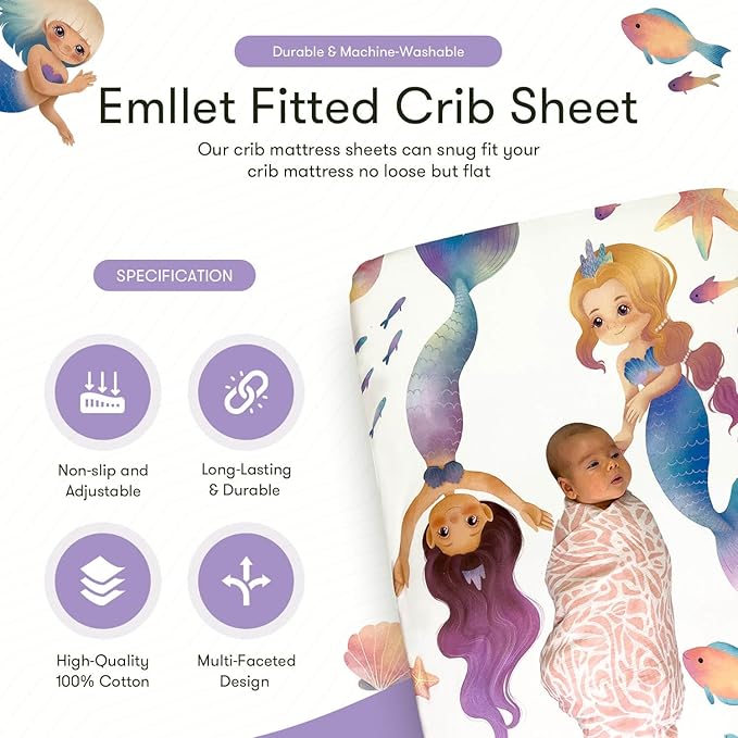 100% Cotton Fitted Crib Sheet – “Mermaid Lagoon” Under The Sea Theme, Soft Girl Nursery Bedding, Standard Crib/Toddler Mattress Fit