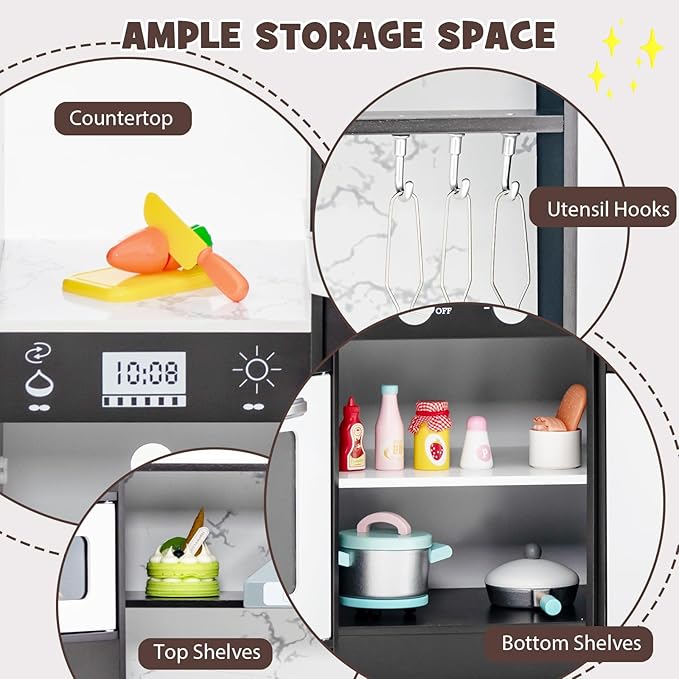 Costzon Kids Kitchen Playset, Pretend Cooking Toys w/Washing Basin, Real Lights & Sounds, Microwave, Oven, Blackboard, Ice Maker, Range Hood, Stoves, 2-PieceCorner Wooden Play Kitchen for Kids 3+