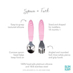 Bumkins Toddler Utensils, Kids Size Fork and Spoon Set, Silicone and Stainless-Steel Training Silverware, Angled Fork / Spork for Self-Feeding, Children Learning to Eat, 18 Mos Up, Hello Kitty Pink