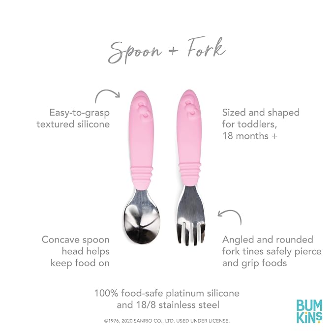 Bumkins Toddler Utensils, Kids Size Fork and Spoon Set, Silicone and Stainless-Steel Training Silverware, Angled Fork / Spork for Self-Feeding, Children Learning to Eat, 18 Mos Up, Hello Kitty Pink