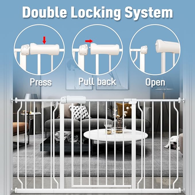 ALLAIBB Extra Wide Pressure Mount Baby Gate Auto Close White Metal Child Dog Pet Safety Gates with Walk Through for Stairs,Doorways,Kitchen and Living Room (76.38-81.10"/194-206cm)
