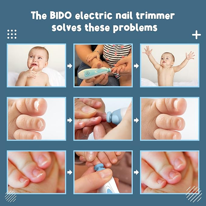 BİDO Baby Nail Trimmer File Electric-Safe Baby Nail Clippers,Manicure Kit for Newborn Toddler and Kids,12 Grinding Heads and LED Light, Pink or Blue (Blue)