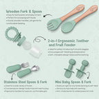 O'doe 17-Piece BPA-Free Silicone Baby Feeding Set | Thick & Soft Suction Plates, Baby Bowls, Wooden Fork & Spoon, and More | Make Mealtime Fun and Easy for Your Little One (Green, V2)