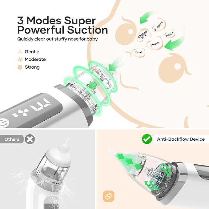 Nasal Aspirator for Baby - Baby Nose Sucker with 3 Suction Levels, Baby Nasal Aspirator, Electric Nose Suction for Baby with 3 Silicone Tips Music and Light, Rechargeable Snot Nose Sucker for Babies