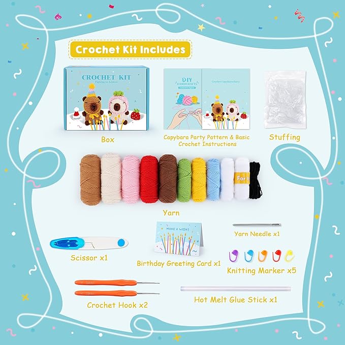 Crochet Kit for Beginners-2PCS Animals Brown and Beige Capybara Crochet Kit with Step-by-Step Video Tutorials, Stuffed Animal Knitting Kit for Adult Kids, Capybara Party Crocheting Kit for Birthday