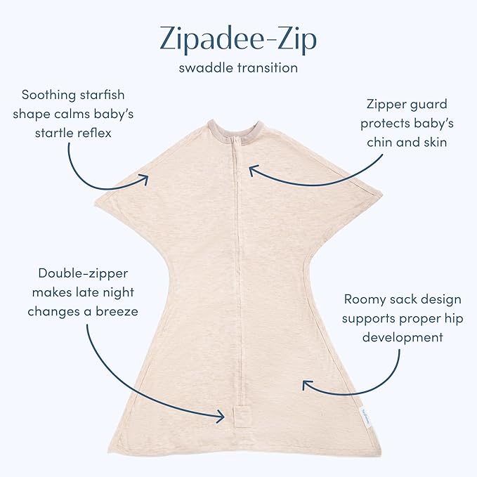 SleepingBaby Zipadee-Zip Transition Swaddle - Cozy Baby Swaddling Blanket with Zipper Convenience - Roomy Wearable Blanket for Easy Diaper Changes - 12-24 Month - Balanced Beige Heather