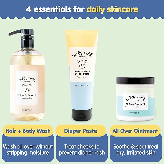 TUBBY TODD Baby Bundle Newborn Skin Care Set - Hypoallergenic Hair + Body Wash, All Over Ointment with Colloidal Oatmeal, Sweet Cheeks Diaper Paste - Fragrance-Free, Full Size