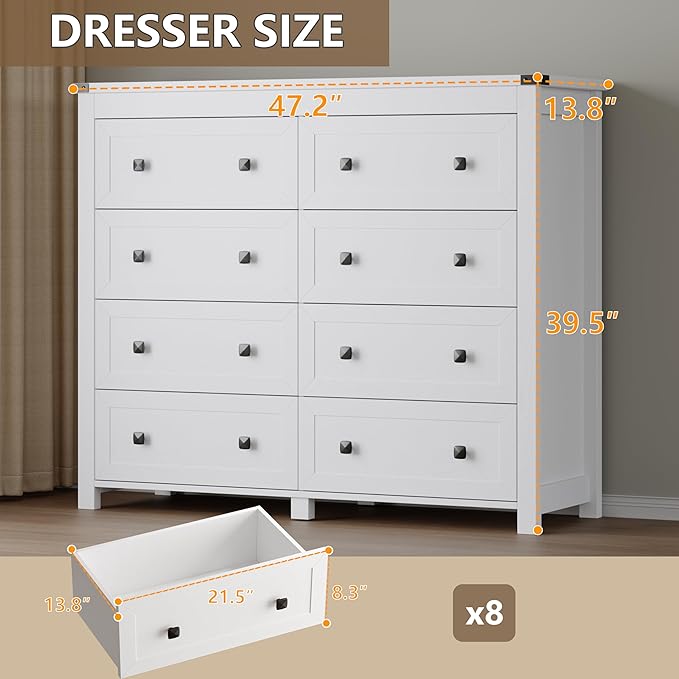 Tall 8-Drawer Dresser, Modern Wooden Storage Chest of Drawers, Dresser TV Stand, Wood Drawer Organizer with Metal Handles for Bedroom, Living Room, Hallway