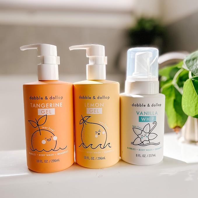 Dabble & Dollop Citrus Kiss Bundle, Natural Bubble Bath, Body Wash & Shampoo for Kids, Paraben & Sulfate Free, Vegan, Gluten-Free, Tear-Free, Tangerine, Vanilla, Lemon (Set of 3)